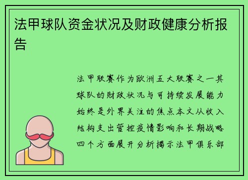 法甲球队资金状况及财政健康分析报告